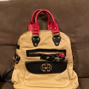 Emma Fox Leather Two-Tone Satchel Bag with Red Handles